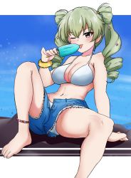 Rule 34 | 1girl, alternate hairstyle, amogan, anchovy (girls und panzer), anklet, barefoot, bikini, bikini under clothes, blue shorts, blue sky, breasts, clear sky, cleavage, commentary, commission, cutoffs, day, denim, denim shorts, double bun, drill hair, eating, food, foot up, fur bracelet, girls und panzer, girls und panzer senshadou daisakusen!, green hair, hair bun, hair ornament, halterneck, highres, holding, holding food, jewelry, knee up, licking, long hair, looking at viewer, medium breasts, navel, official alternate costume, on rock, one eye closed, open fly, outdoors, outside border, pixiv commission, popsicle, red eyes, rock, shorts, sitting, sky, solo, star (symbol), star hair ornament, swimsuit, tongue, tongue out, torn clothes, torn shorts, twin drills, twintails, upshorts, white bikini