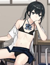 Rule 34 | 1boy, bare shoulders, black bra, black eyes, black hair, black panties, black socks, blue bow, blue bowtie, blue skirt, bow, bowtie, bra, bulge, chair, classroom, closed mouth, clothes lift, collarbone, crossdressing, desk, expressionless, grey eyes, hand on own face, head rest, indoors, kneehighs, looking at viewer, male focus, medium hair, miniskirt, navel, off shoulder, open clothes, open shirt, panties, plaid, plaid skirt, pleated skirt, ribbon, school chair, school desk, school uniform, shirt, short sleeves, short twintails, sitting, skirt, skirt lift, socks, solo, striped, striped bow, sunaba (nczd5875), trap, twintails, underwear, undressing, upskirt, white shirt