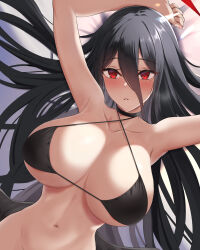 Rule 34 | 1girl, armpits, arms up, bikini, black bikini, black choker, black hair, black wings, blue archive, blush, breasts, choker, collarbone, halo, hasumi (blue archive), highres, kai yuzuki, large breasts, long hair, looking at viewer, lying, mole, mole under eye, navel, on back, parted lips, red eyes, solo, stomach, strap gap, swimsuit, upper body, variant set, very long hair, wings