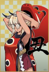 Rule 34 | 1girl, 2021, akabeko, arms up, blonde hair, blunt bangs, border, breasts, chinese zodiac, cowboy shot, fujinoki (horonabe-ken), glasses, holding, horns, medium breasts, medium hair, original, outline, parted lips, rope, signature, solo, year of the ox