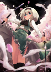 Rule 34 | 1girl, antenna hair, bare legs, black bow, black bowtie, black ribbon, black socks, blue eyes, blurry, blush, bow, bowtie, cherry blossoms, depth of field, dual wielding, green skirt, green vest, hair ribbon, hairband, highres, holding, holding sword, holding weapon, kneehighs, konpaku youmu, long skirt, long sleeves, looking at viewer, night, night sky, open clothes, open vest, outdoors, outstretched arm, petals, ribbon, sheath, sheathed, shirt, short hair, silver hair, skirt, sky, socks, solo, standing, star (sky), starry sky, sword, thick eyebrows, touhou, unsheathed, upskirt, vest, waira, weapon, white shirt, wing collar