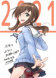 Rule 34 | 1girl, 2020, adapted costume, akeome, black hair, black skirt, blue sweater, commentary request, from behind, fubuki (kancolle), green eyes, happy new year, highres, kantai collection, long hair, looking at viewer, low ponytail, minosu, new year, original remodel (kantai collection), pleated skirt, ponytail, sailor collar, short ponytail, sidelocks, simple background, skirt, solo, sweater, text background, white background, white sailor collar