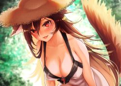 Rule 34 | 1girl, animal ears, bare shoulders, blush, breasts, brooch, brown hair, cleavage, collarbone, dress, hat, imaizumi kagerou, jewelry, large breasts, long hair, looking at viewer, mokokiyo (asaddr), no bra, open mouth, red eyes, slit pupils, smile, solo, straw hat, sundress, tail, tan, tanline, touhou, wolf ears, wolf tail