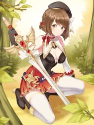 Rule 34 | 1girl, bad id, bad pixiv id, beret, black footwear, black gloves, black hat, blurry, blush, boots, bow, braid, branch, breasts, brown eyes, brown hair, cleavage, depth of field, detached sleeves, gloves, gotmil, hair bow, hat, high heels, holding, holding sword, holding weapon, leaf, medium breasts, on ground, on one knee, original, pleated skirt, red bow, red skirt, short hair, skirt, smile, solo, sword, thighhighs, tree, weapon, white thighhighs, yellow eyes