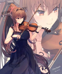 Rule 34 | 1girl, alternate costume, artist name, black dress, bow (music), breasts, brown eyes, brown hair, dated, dress, hair between eyes, hair intakes, headgear, highres, himeyamato, holding, instrument, kantai collection, large breasts, long hair, music, playing instrument, smile, very long hair, violin, yamato (kancolle), zoom layer