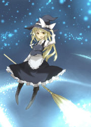 Rule 34 | 1girl, apron, bad id, bad pixiv id, blonde hair, boots, bow, braid, broom, broom riding, buttons, dress, female focus, ganesagi, hair bow, hair ribbon, hand on headwear, hat, highres, kirisame marisa, long hair, night, night sky, no nose, ribbon, sky, solo, star (sky), star (symbol), starry sky, touhou, witch, witch hat