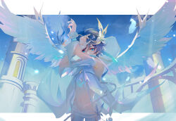 Rule 34 | 1boy, absurdres, androgynous, black hair, blue hair, braid, capelet, chain, chest tattoo, chinese commentary, commentary request, covered mouth, crop top, day, detached sleeves, feathered wings, feathers, flower, frilled sleeves, frills, genshin impact, gradient hair, green eyes, hair flower, hair ornament, highres, hood, hood down, hooded capelet, looking at viewer, male focus, multicolored hair, navel, ncheng11good, outdoors, short hair with long locks, side braids, sidelocks, sky, solo, tattoo, twin braids, venti (genshin impact), white flower, white wings, wings