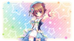 Rule 34 | 1girl, ahoge, arm up, armpits, beret, blue background, blue dress, blue eyes, blue hat, blue skirt, blue wrist cuffs, blush, bow, breasts, brooch, brown hair, closed mouth, dot nose, dress, game cg, gradient background, green background, green bow, hair ornament, hairclip, hand up, hat, izumi tsubasu, jewelry, layered skirt, non-web source, official art, outstretched arm, pink scrunchie, purple background, re:stage!, sailor collar, scrunchie, shikimiya mana, short dress, short hair, sidelocks, single wrist cuff, skirt, small breasts, smile, solo, star (symbol), star brooch, starry background, striped background, striped clothes, striped scrunchie, striped skirt, thighhighs, vertical-striped clothes, vertical-striped skirt, white sailor collar, white thighhighs, wrist cuffs, wrist scrunchie, zettai ryouiki