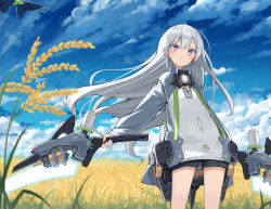 Rule 34 | 1girl, black shorts, blue hair, blue sky, blurry, blurry background, cloud, cloudy sky, commentary request, day, depth of field, floating hair, glowing, hair between eyes, holding, holding weapon, jacket, long hair, long sleeves, multicolored hair, original, outdoors, parted lips, poco (asahi age), puffy long sleeves, puffy sleeves, purple eyes, short shorts, shorts, silver hair, sky, sleeves past wrists, solo, streaked hair, very long hair, weapon, wheat, wheat field, white jacket