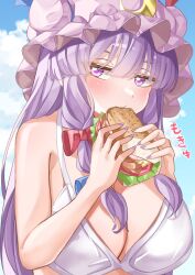 Rule 34 | 1girl, blue bow, bow, bra, braid, breasts, cleavage, cloud, cloudy sky, commission, crescent, crescent hat ornament, eating, food, hair bow, hat ornament, highres, large breasts, lettuce, mahoro (minase mahoro), patchouli knowledge, pink eyes, purple hair, purple headwear, purple nails, red bow, sandwich, skeb commission, sky, solo, tomato, tomato slice, touhou, twin braids, underwear, white bra