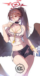 Rule 34 | 1girl, alternate costume, black choker, black footwear, black hair, black wings, blue archive, blush, bottle, breasts, choker, cleavage, feet out of frame, hair between eyes, halo, hand up, hasumi (blue archive), highres, holding, holding bottle, j fang, knee up, large breasts, long hair between eyes, low wings, midriff, mole, navel, ponytail, red eyes, red halo, shirt, short shorts, shorts, socks, solo, twitter username, whistle, whistle around neck, white background, white shirt, white socks, wings, wristband, yellow wristband