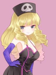 Rule 34 | &gt;:&gt;, 1girl, :&gt;, action heroine cheer fruits, arm at side, armpits, bare shoulders, black dress, blonde hair, blunt bangs, blush, breasts, cleavage, closed mouth, contrapposto, curly hair, dress, elbow gloves, eyelashes, eyeshadow, gloves, grey eyes, hand on own hip, hat, large breasts, lipstick, long hair, looking at viewer, makeup, nurse cap, pink eyeshadow, pleated dress, purple background, purple gloves, purple lips, shimura kanon, sidelocks, simple background, skull, sleeveless, sleeveless dress, smile, solo, standing, takano natsuki, tsurime, upper body, v-shaped eyebrows