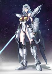 Rule 34 | absurdres, armor, arms at sides, beam saber, breasts, commentary request, commission, fingerless gloves, g-saviour gundam, gloves, green eyes, gundam, gundam g-saviour, highleg, highleg leotard, highres, holding, holding sword, holding weapon, large breasts, leotard, looking at viewer, mecha musume, personification, skeb commission, standing, sword, torn clothes, tsubakiworks, v-fin, weapon, white hair