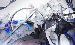 Rule 34 | 1girl, absurdres, animal ears, arknights, black dress, black gloves, bracelet, breasts, chromatic aberration, chyan, cigarette, coat, dress, gloves, grey eyes, hair between eyes, highres, holding, holding sword, holding weapon, jewelry, lappland (arknights), lappland (refined horrormare) (arknights), long hair, long sleeves, looking at viewer, official alternate costume, open clothes, pantyhose, partially fingerless gloves, reclining, scar, scar across eye, scar on face, silver hair, smoking, solo, sword, weapon, white coat, wolf ears