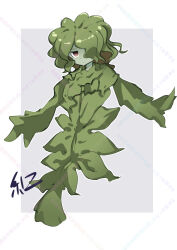 1girl absurdres ben1shoga border brown_eyes closed_mouth colored_skin commentary_request full_body green_hair green_skin grey_background hair_over_one_eye highres looking_at_viewer mon-musu_quest! mon-musu_quest:_paradox monster_girl plant_girl seaweed short_hair signature simple_background solo too_many_watermarks wakame_(mon-musu_quest!) watermark white_border