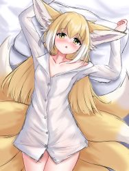 Rule 34 | 1girl, absurdres, animal ear fluff, animal ears, arknights, arms up, bed sheet, blonde hair, blush, brown eyes, collarbone, collared shirt, commentary, dress shirt, english commentary, fox ears, fox girl, fox tail, hair between eyes, highres, kitsune, kyuubi, long hair, looking at viewer, lying, multicolored hair, multiple tails, naked shirt, nose blush, on back, parted lips, pillow, rylaera, shirt, solo, suzuran (arknights), tail, two-tone hair, white hair, white shirt