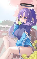 Rule 34 | 1girl, absurdres, black buruma, black shirt, blue archive, blue buruma, blue eyes, blue jacket, blush, bottle, breasts, buruma, chinoryuu, gym shirt, gym uniform, halo, highres, id card, jacket, jacket partially removed, lanyard, large breasts, long hair, looking at viewer, official alternate costume, partially unzipped, ponytail, purple hair, shirt, short sleeves, solo, thighs, track jacket, water bottle, yuuka (blue archive), yuuka (track) (blue archive)