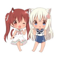 Rule 34 | 2girls, :o, ;d, animal ears, bare arms, barefoot, blue eyes, blue one-piece swimsuit, blue sailor collar, blush, brown eyes, brown hair, cat ears, cat girl, cat tail, chibi, chutney, commentary request, crop top, dress, fang, flower, hair between eyes, hair flower, hair ornament, hair ribbon, hands up, kantai collection, libeccio (kancolle), long hair, looking at viewer, multiple girls, one-piece swimsuit, one eye closed, open mouth, parted lips, paw pose, pink flower, red ribbon, ribbon, ro-500 (kancolle), sailor collar, sailor dress, school swimsuit, shirt, sleeveless, sleeveless dress, sleeveless shirt, smile, standing, standing on one leg, striped neckwear, swimsuit, swimsuit under clothes, tail, tan, twintails, very long hair, white dress, white ribbon, white sailor collar, white shirt