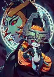 Rule 34 | 2girls, artist name, black hood, black skin, breasts, collarbone, colored sclera, colored skin, datcravat, fang, helmet, highres, hood, hood up, long hair, looking at viewer, magic, midna, midna (true), multicolored skin, multiple girls, navel, nintendo, one eye covered, orange hair, pointy ears, profile, red eyes, small breasts, smile, the legend of zelda, the legend of zelda: twilight princess, two-tone skin, yellow sclera