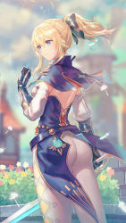 Rule 34 | 1girl, anbe yoshirou, ass, back, belt, blonde hair, blue capelet, blue eyes, bow, breasts, capelet, cross, cross earrings, dandelion, earrings, flower, gauntlets, genshin impact, hair bow, highres, jean (genshin impact), jewelry, large breasts, long hair, multicolored capelet, pants, ponytail, sidelocks, sky, smile, solo, sword, tight clothes, tight pants, weapon, white pants