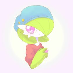 Rule 34 | 1girl, beanie, blue hat, bob cut, colored skin, creatures (company), cropped torso, female focus, game freak, gardevoir, gen 3 pokemon, gradient background, green hair, green skin, hair over one eye, hand up, hat, hat chain, highres, looking at viewer, multicolored skin, nintendo, one eye covered, open mouth, pink background, pink eyes, pokemon, pokemon (creature), red shirt, shirt, short hair, short sleeves, simple background, solo, two-tone skin, upper body, white skin, yuri (fl0werspace)