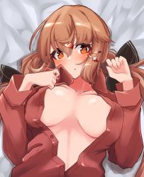 Rule 34 | 1girl, black bow, blush, bow, breasts, brown eyes, brown hair, hair bow, highres, kantai collection, komb, large breasts, long hair, long sleeves, low twintails, lying, no bra, on back, partially unbuttoned, red shirt, shirt, solo, tashkent (kancolle), twintails, upper body