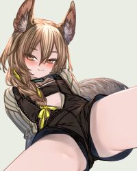 Rule 34 | 1girl, arknights, beanstalk (arknights), braid, green eyes, green hair, highres, hyena ears, hyena girl, hyena tail, infection monitor (arknights), kochiya (gothope), looking to the side, overalls, shirt, side braid, single braid, sitting, smile, spread legs, striped clothes, striped shirt, vertical-striped clothes, vertical-striped shirt
