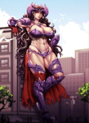 Rule 34 | 1girl, abs, armor, armpits, bad id, bad twitter id, bikini armor, blue sky, breasts, brown hair, building, cape, cleavage, cloud, commission, curly hair, female focus, full body, giant, giantess, highres, large breasts, lips, long hair, looking at viewer, muscular, muscular female, navel, niandni, original, outdoors, red cape, red eyes, shoulder armor, sky, solo, standing, standing on one leg, thick thighs, thighs, toned, torn cape, torn clothes, tree, very long hair, waist cape, wide hips