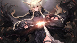 Rule 34 | 1girl, arknights, bare tree, black dress, breasts, commentary request, dress, dutch angle, hair between eyes, high collar, highres, holding, holding sword, holding weapon, horns, kinona, light brown hair, long hair, long sleeves, looking at viewer, medium breasts, parted lips, pointy ears, red eyes, shining (arknights), solo, sword, thigh strap, tree, very long hair, weapon