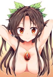 Rule 34 | 1girl, armpits, arms behind head, arms up, bow, brown hair, closed mouth, convenient censoring, cropped torso, gradient background, green bow, hair bow, hair censor, hair over breasts, highres, long hair, looking at viewer, maturiuta sorato, nude, orange background, red eyes, reiuji utsuho, smile, solo, third eye, touhou, upper body, white background, yellow background