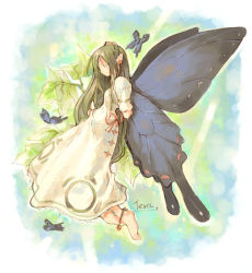 Rule 34 | 1girl, anklet, artist name, breasts, bug, butterfly, butterfly wings, dress, earrings, fairy, female focus, green hair, insect, insect wings, jewelry, long hair, mini person, minigirl, plant, pointy ears, small breasts, solo, tera (forest of resurrection), very long hair, wings