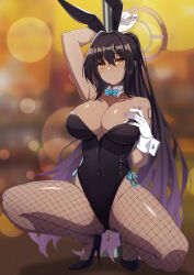 Rule 34 | 1girl, animal ears, arm up, bare shoulders, black footwear, black hair, black leotard, blue archive, blue bow, blue bowtie, blue ribbon, blurry, blurry background, blush, bow, bowtie, breasts, cameltoe, cleavage, covered navel, dark-skinned female, dark skin, detached collar, detached sleeves, fake animal ears, fishnet pantyhose, fishnets, full body, gloves, gluteal fold, hair between eyes, halo, hand up, high heels, highres, karin (blue archive), karin (bunny) (blue archive), large breasts, leotard, long hair, looking at viewer, pantyhose, parted lips, playboy bunny, pole, ponytail, rabbit ears, ribbon, shoulder tattoo, solo, spread legs, squatting, strapless, strapless leotard, stripper pole, tattoo, thighs, very long hair, vococo, white gloves, wing collar, wrist cuffs, yellow eyes