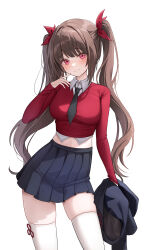 Rule 34 | 1girl, absurdres, alternate costume, black jacket, black necktie, black skirt, blue skirt, breasts, brown hair, butterfly-shaped pupils, cardigan, closed mouth, collared shirt, commentary, contrapposto, cowboy shot, crop top, cropped cardigan, cropped shirt, hair ribbon, hand up, high-waist skirt, highres, hini ni, holding, holding clothes, holding jacket, honkai: star rail, honkai (series), jacket, long hair, long sleeves, looking at viewer, medium breasts, midriff, miniskirt, mole, mole under each eye, mole under eye, multiple moles, necktie, pink eyes, pleated skirt, red cardigan, red shirt, ribbon, shirt, simple background, skindentation, skirt, smile, solo, sparkle (honkai: star rail), standing, stomach, symbol-only commentary, symbol-shaped pupils, thighhighs, thighs, twintails, undershirt, unworn jacket, very long hair, white background, white shirt, white thighhighs, zettai ryouiki