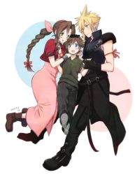 Rule 34 | 1girl, 2boys, aerith gainsborough, arm ribbon, armor, bangle, black footwear, black gloves, black pants, blue eyes, blush, boots, bracelet, braid, braided ponytail, breasts, brown footwear, chest strap, child, choker, cleavage, cloud strife, cropped jacket, dated, denzel (ff7), dress, earrings, final fantasy, final fantasy vii, final fantasy vii advent children, floating, full body, gloves, green eyes, green shirt, grey pants, grey shirt, hair between eyes, hair ribbon, hands on another&#039;s shoulders, high collar, holding another&#039;s wrist, holding hands, jacket, jewelry, krudears, long dress, long hair, looking at another, medium breasts, multiple boys, open collar, open mouth, pants, parted bangs, pink dress, pink ribbon, red jacket, ribbon, shirt, short hair, short sleeves, shoulder armor, sidelocks, single earring, sleeveless, sleeveless shirt, smile, spiked hair, square enix, waist cape, wavy hair, white background