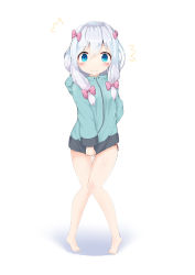 Rule 34 | 1girl, ^^^, absurdres, bare legs, barefoot, blue eyes, blush, bow, closed mouth, clothes tug, covering privates, covering crotch, eromanga sensei, full body, green jacket, hair between eyes, hair bow, highres, hood, hood down, hooded jacket, izumi sagiri, jacket, jacket tug, knees together feet apart, looking at viewer, no pants, panties, pink bow, red panties, side-tie panties, silver hair, solo, standing, tears, tiptoes, underwear, white background, yasuhisa (18456628)
