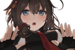 Rule 34 | 1girl, black gloves, black jacket, blue eyes, breasts, brown hair, fingerless gloves, from below, furrowed brow, gloves, hair between eyes, hair flaps, jacket, kantai collection, long hair, looking at viewer, medium breasts, necktie, open mouth, red necktie, sha (isago), shigure (kancolle), shigure kai san (kancolle), solo, upper body, white background