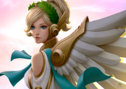 Rule 34 | 1girl, ancient greek clothes, artist name, backlighting, blonde hair, blue eyes, breasts, chiton, dress, eyelashes, feathered wings, from behind, hair tie, head wreath, high ponytail, iaihoshi (stella seah), laurel crown, looking at viewer, looking back, mechanical wings, medium breasts, mercy (overwatch), nose, official alternate costume, outdoors, overwatch, overwatch 1, parted lips, pink lips, pink sky, portrait, short hair, short sleeves, signature, sky, smile, solo, toga, white dress, winged victory mercy, wings