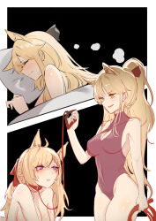 Rule 34 | 2girls, animal ear fluff, animal ears, arknights, aunt and niece, bare shoulders, blemishine (arknights), blonde hair, blue eyes, breasts, cleavage, cleavage cutout, closed eyes, closed mouth, clothing cutout, collar, covered navel, dreaming, elsi, extra ears, highres, holding, holding leash, holding whip, horse ears, incest, large breasts, leash, long hair, medium breasts, multiple girls, nude, open mouth, parted lips, pillow, ponytail, sleeping, under covers, whislash (arknights), yuri