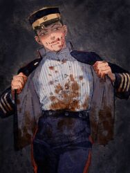 Rule 34 | 1boy, black background, black headwear, black jacket, blood, blood on clothes, blood on face, blood on hands, blue pants, chengongzi123, collared shirt, cowboy shot, golden kamuy, hands up, hat, highres, jacket, licking lips, long sleeves, looking at viewer, male focus, military hat, military uniform, open clothes, open jacket, orange eyes, pants, shirt, simple background, standing, striped clothes, striped shirt, tongue, tongue out, uniform, usami tokishige