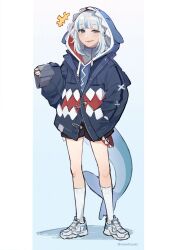 Rule 34 | +++, 1girl, animal costume, animal hood, black shorts, blue background, blue eyes, blue hair, blue hood, blue hoodie, blue jacket, blunt bangs, commentary, english commentary, fins, fish tail, gawr gura, grey hair, hand in pocket, hand up, highres, hololive, hololive english, hood, hood up, hoodie, jacket, jacket over hoodie, light blush, looking at viewer, medium hair, multicolored hair, parted lips, reimitsuki, shark costume, shark girl, shark hood, shark tail, shoes, shorts, sidelocks, sleeves past wrists, sneakers, socks, solo, standing, streaked hair, tail, twitter username, two-tone background, virtual youtuber, white background, white footwear, white socks