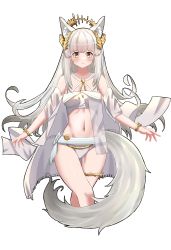 Rule 34 | 1girl, absurdres, animal ears, arknights, bandeau, bare shoulders, bikini, blush, chewycandy, commentary, criss-cross halter, halterneck, highres, laurel crown, long hair, looking at viewer, navel, official alternate costume, platinum (arknights), platinum (shimmering dew) (arknights), silver hair, simple background, solo, standing, stomach, swimsuit, tail, thighs, very long hair, white background, white bikini, yellow eyes