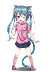Rule 34 | 1girl, ;d, aged down, akira (been0328), animal ears, bad id, bad pixiv id, black skirt, blouse, blue eyes, blue hair, cat ears, cat girl, cat tail, child, full body, hair between eyes, hair bobbles, hair ornament, hatsune miku, highres, holding, holding microphone, long hair, microphone, miniskirt, one eye closed, open mouth, petite miku, pink shirt, pleated skirt, red footwear, shirt, short sleeves, simple background, skirt, smile, socks, solo, standing, tail, twintails, very long hair, vocaloid, white background, white socks