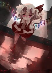 Rule 34 | 1girl, ascot, crystal, flandre scarlet, from above, full body, glowing, glowing wings, hat, highres, holding, ijen (ljenejl), light smile, looking at viewer, looking up, medium hair, mob cap, multicolored wings, noose, one side up, puffy short sleeves, puffy sleeves, red eyes, red skirt, red vest, shirt, short sleeves, skirt, skirt set, solo, touhou, vest, white hat, white shirt, wings, yellow ascot