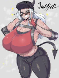 Rule 34 | 1girl, bare shoulders, breasts, cleavage, curvy, gigantic breasts, grey eyes, grin, helltaker, highres, huge breasts, justice (helltaker), long hair, looking at viewer, smile, solo, standing, sweat, tagme, thick thighs, thighs, white hair, wide hips