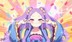 Rule 34 | 1girl, azu (kirara310), blue bow, blush, bow, chinese clothes, closed mouth, collarbone, commentary request, confetti, double v, dress, emotional engine - full drive, fang, fang out, fate/grand order, fate (series), forehead, frilled dress, frilled sleeves, frills, hair ornament, hair scrunchie, hanfu, highres, long hair, long sleeves, open clothes, parted bangs, pink dress, purple hair, red eyes, scrunchie, signature, smile, solo, sparkle, two side up, upper body, v, v over eye, very long hair, wide sleeves, wu zetian (fate), yellow scrunchie
