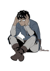 Rule 34 | 1boy, absurdres, black hair, blue eyes, boots, brown footwear, commentary request, crossed ankles, daki info, dark-skinned male, dark skin, dungeon meshi, full body, hands on own head, hands up, highres, kabru, korean commentary, long sleeves, male focus, open mouth, short hair, simple background, sitting, solo, very short hair, white background, wide sleeves