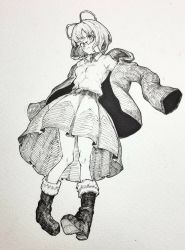 Rule 34 | 1girl, blush, boots, character request, closed mouth, coat, collared shirt, copyright request, full body, glasses, greyscale, highres, looking at viewer, mashimashi, monochrome, pleated skirt, shirt, short hair, skirt, solo, standing, traditional media