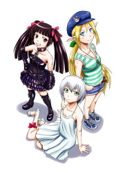 Rule 34 | 10s, 3girls, bare shoulders, black footwear, black hair, blonde hair, blue eyes, boots, breasts, collar, contemporary, cross, cross-laced footwear, detached sleeves, dress, elf, gate - jieitai ka no chi nite kaku tatakaeri, gothic lolita, green eyes, grin, hands in pockets, hat, highres, iron cross, jewelry, knee boots, lace-up boots, lelei la lalena, lolita fashion, long hair, multiple girls, pendant, pointy ears, red eyes, rory mercury, sao satoru, shadow, shoes, short shorts, shorts, silver hair, simple background, sitting, sleeveless, small breasts, smile, standing, tuka luna marceau, twintails, very long hair, white background, white dress