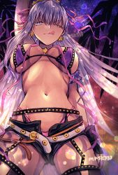Rule 34 | 1girl, arm up, bare shoulders, bb (fate), bb (fate) (all), bb (swimsuit mooncancer) (fate), bb (swimsuit mooncancer) (second ascension) (fate), belt, bikini, black garter belt, black gloves, black shorts, black thighhighs, blush, breasts, cleavage, closed mouth, earrings, fate/grand order, fate (series), fingerless gloves, garter belt, gloves, gyaru, hair ornament, hair ribbon, hairband, highleg, highleg bikini, jewelry, large breasts, licking lips, light particles, long hair, looking at viewer, micro shorts, murasaki yuna, navel, neck ribbon, one eye closed, palm tree, purple bikini, purple eyes, purple hair, purple ribbon, ribbon, short shorts, shorts, sky, smile, solo, star (sky), star (symbol), star earrings, star hair ornament, starry sky, studded garter belt, swimsuit, tan, thighhighs, tongue, tongue out, tree, twilight, very long hair, white belt