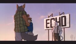 Rule 34 | 3boys, 9klipse, animal ears, arches (visual novel), black pants, blue shirt, cactus, cameron wilson (arches), chainsaw man, chase hunter, cigarette, clenched hands, commentary, copyright name, coyote boy, dancing, dawn, derivative work, echo (visual novel), echo project, facial hair, flannel, furry, furry male, goatee, green shirt, grey pants, hand in pocket, highres, holding, holding cigarette, looking at another, male focus, multiple boys, otter boy, otter ears, panther boy, panther ears, panther tail, pants, saguaro, samuel ayers (the smoke room), screenshot redraw, shirt, shorts, sky, sleeves rolled up, smoke, smoking, suspenders, symbol-only commentary, tail, the smoke room, whiskers, white shirt, white shorts, wolf ears, wolf tail